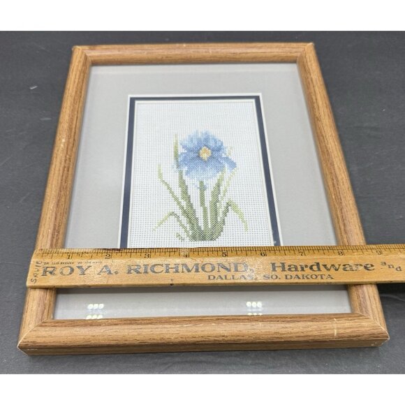 Vintage Cross Stitch Matted And Framed Blue Iris Flower - Picture 3 of 4